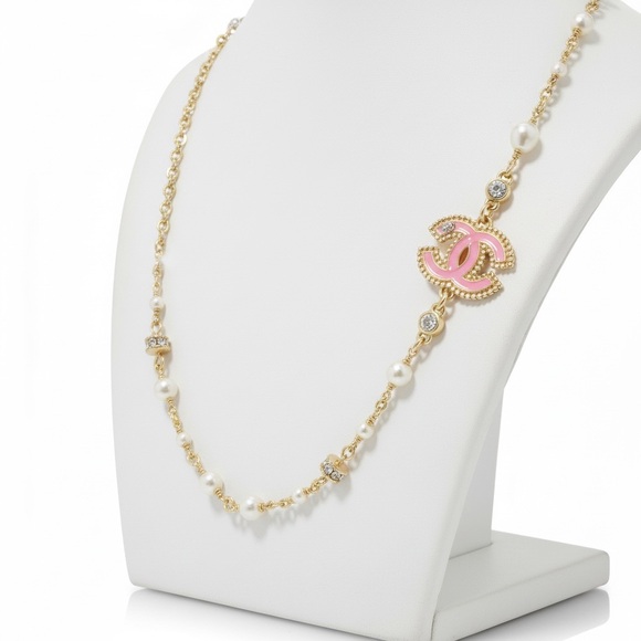 CHANEL Jewelry - CHANEL Gold Chain Necklace with Pink Enamel CC Strass and Pearl Accents